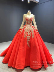 Vintage Mock Neck Red Wedding Dresses Beaded Gold Ball Gowns viniodress-Quinceanera Dresses 2025 -Viniodress-Red-Custom Size-