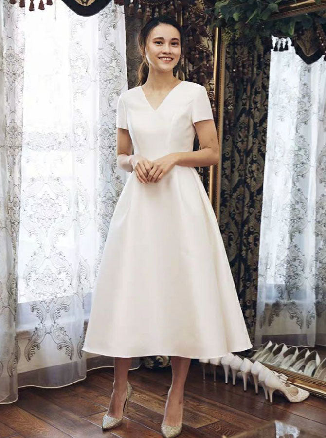 Vintage Satin Wedding Dresses,Tea Length Wedding Dress with Short Sleeves,WD00438