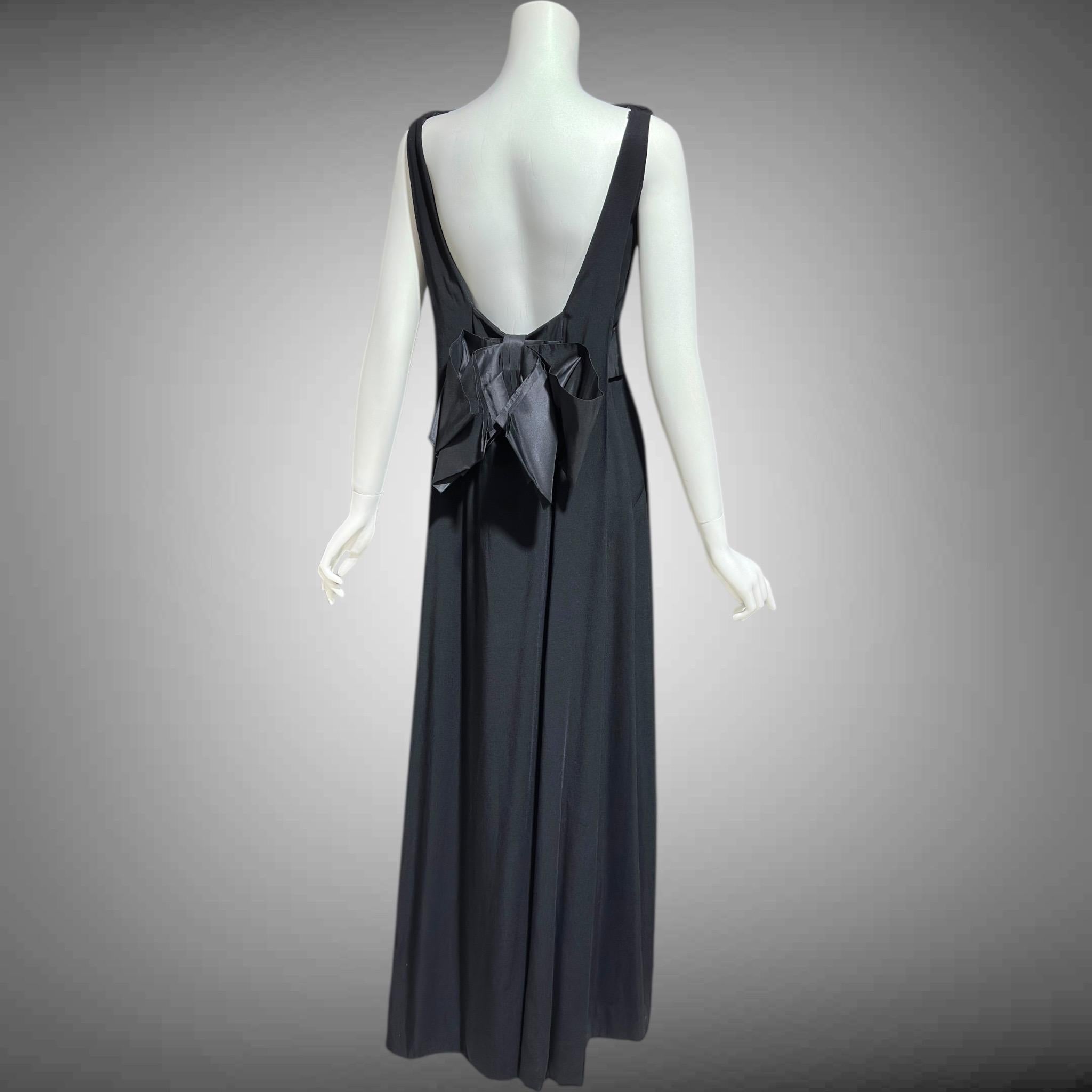 CAMEO vintage 1960s evening dress gown, black formal dress, backless watteau back