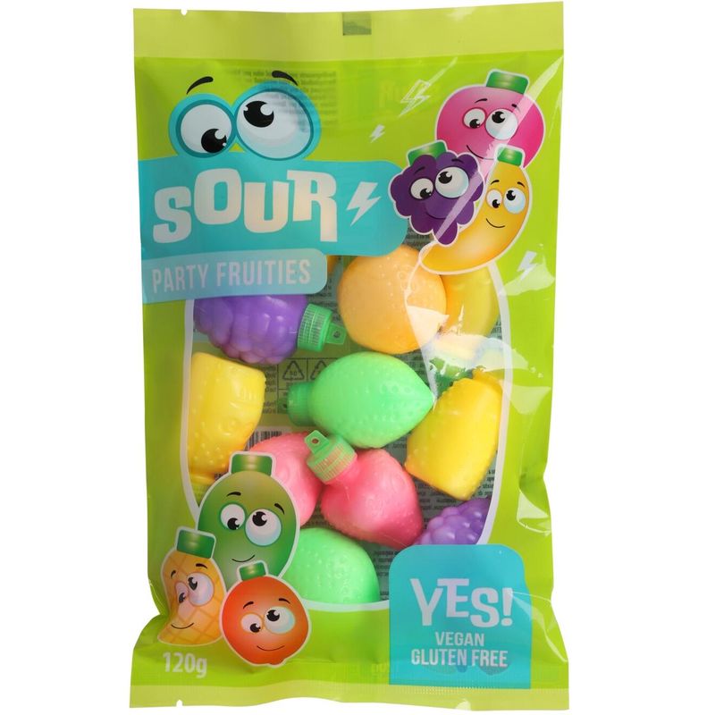 Becky's Sour Party Fruities 120g | Surt godteripulver i fruktbeholdere