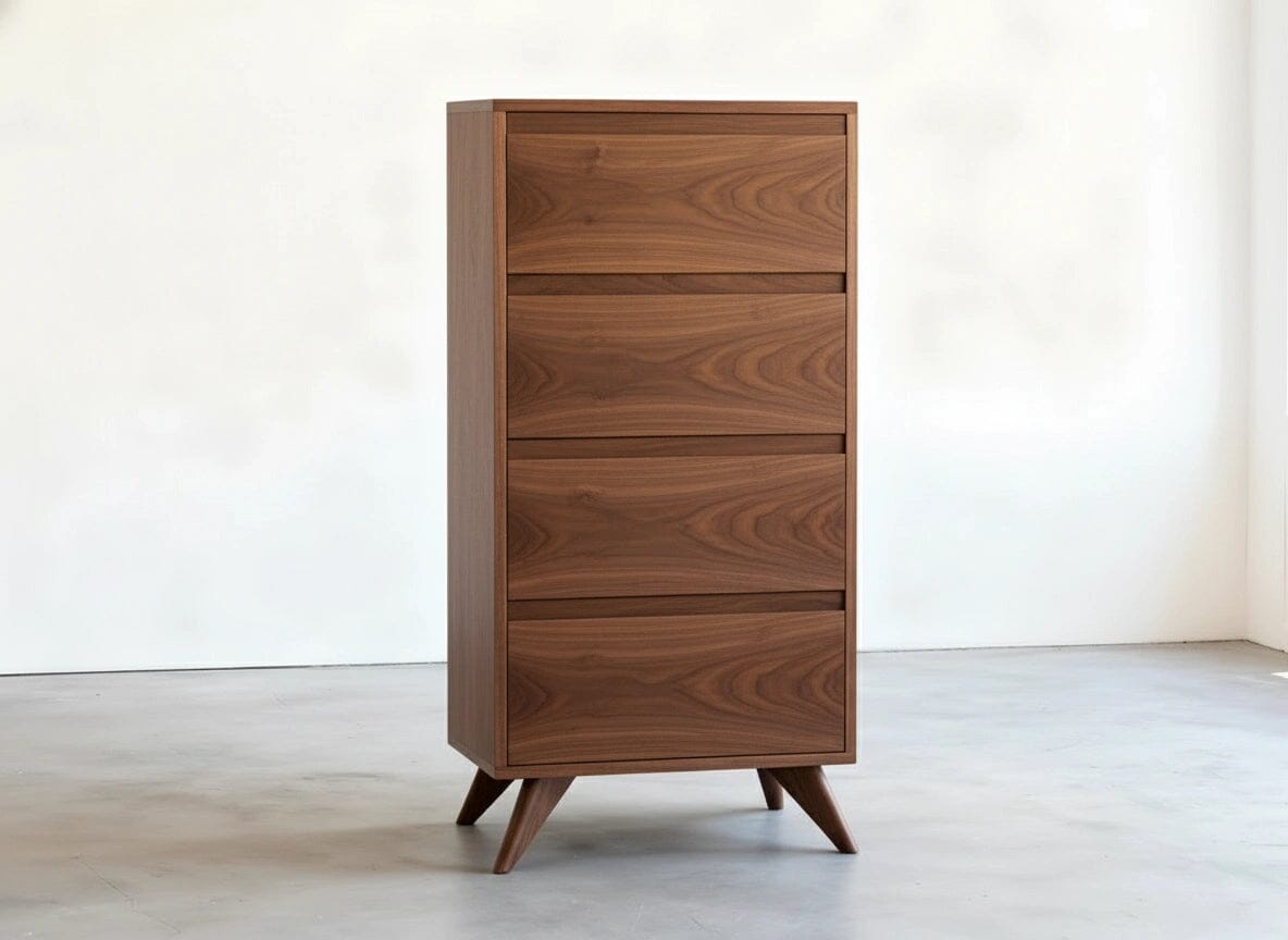 The Tall Modern Dresser in Walnut by TY Fine Furniture features four drawers and angled legs in a mid-century modern design. This solid wood piece from Columbus, OH stands on a light floor against a plain white wall.