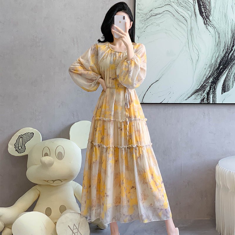 Watercolor Print Chiffon Maxi Dress | Long Sleeve Tiered Dress(MS270) - Mariam's Collection