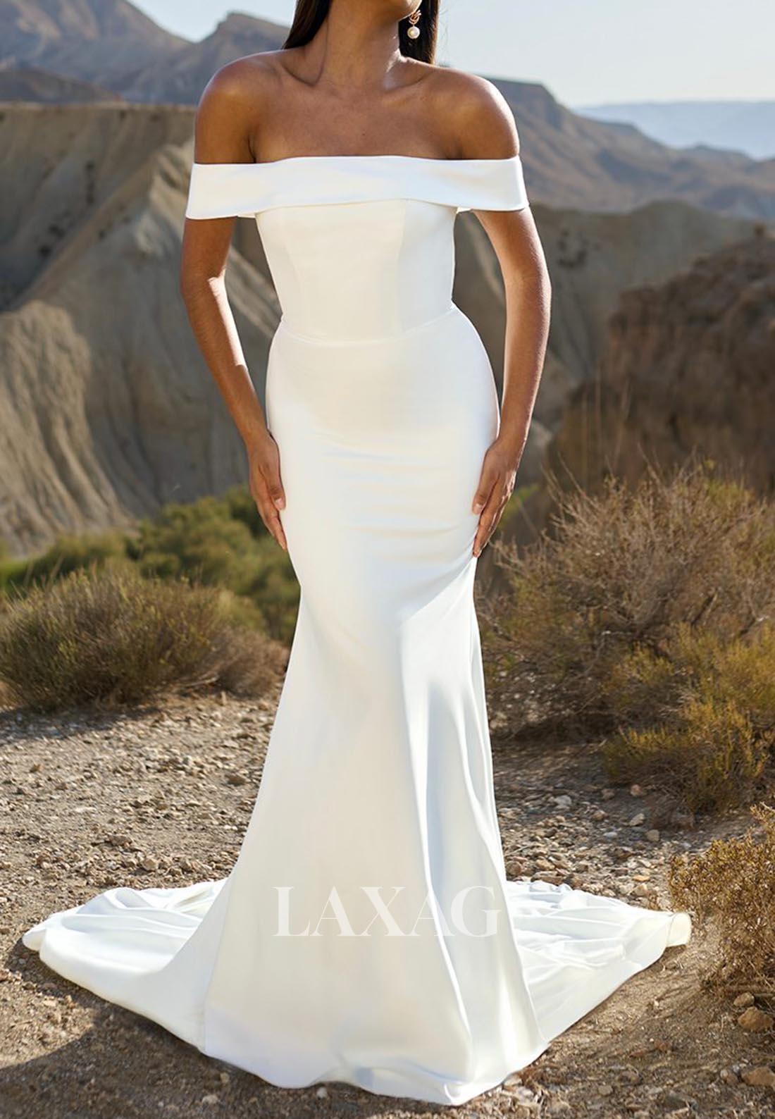 Tube Top Sleeveless Mermaid Wedding Dress Off-Shoulder Satin Bride Gowns with Sweep Train
