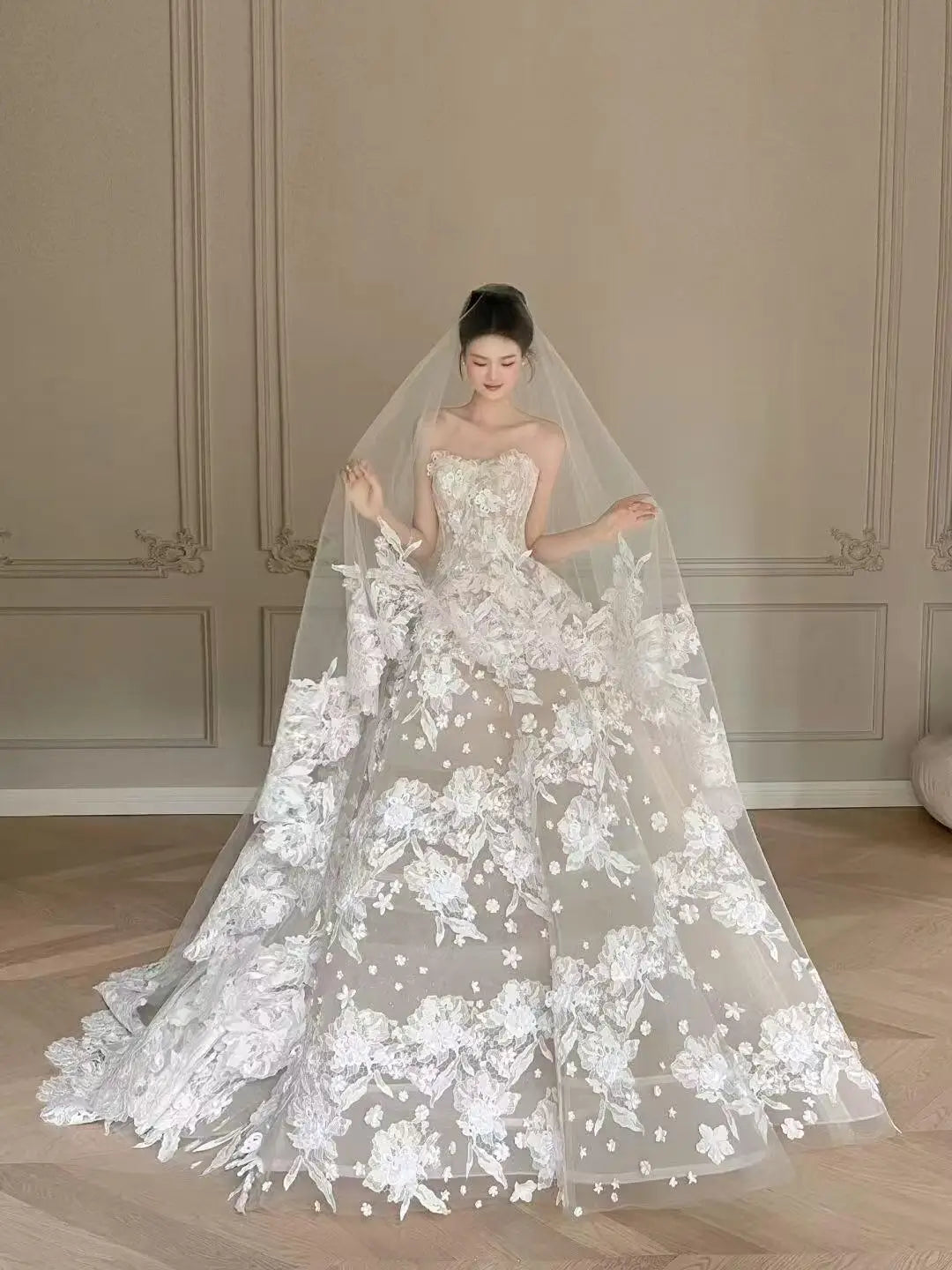 Wedding Dresses 2025 to impress Luxury 3D Floral Lace Ball Gown Wedding Dress with Long Train & Veil – RD020-vigocouture-White-Custom Size-vigocouture