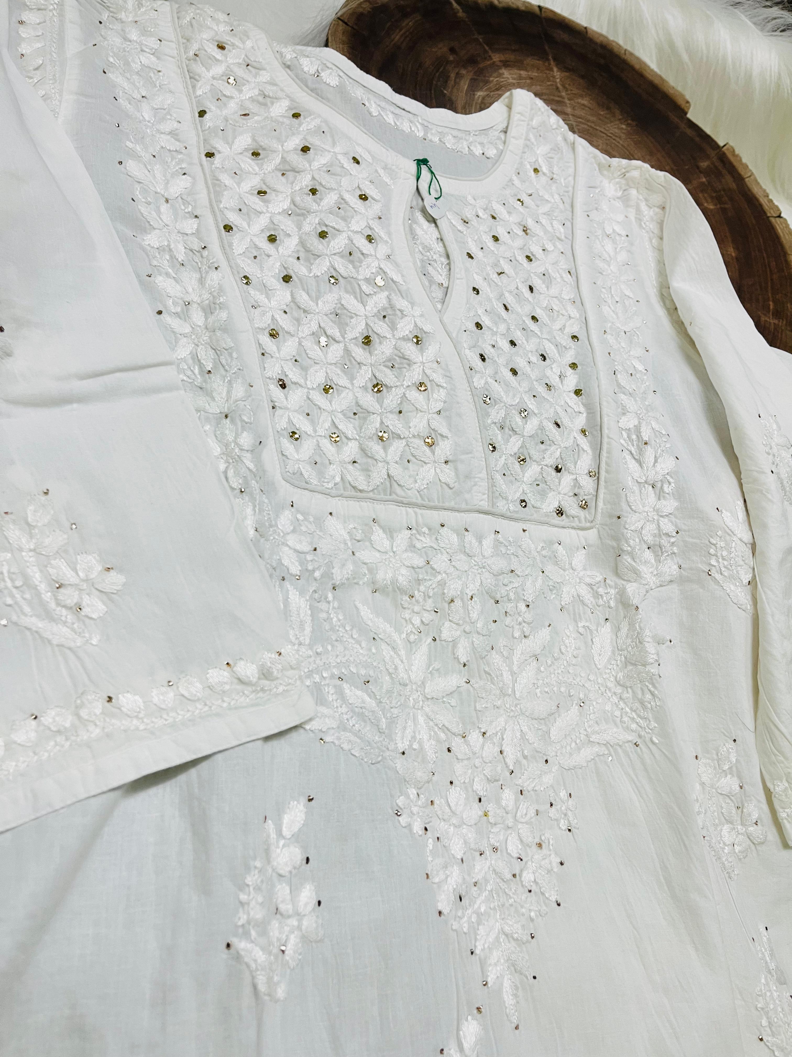 White Designer Chikankari Kurtis with Mukesh Work - Inayakhan Shop