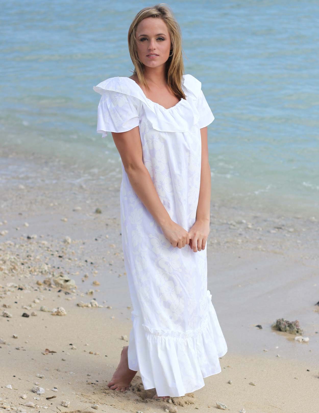 White Long Ruffled Hawaiian Muumuu Hibiscus Leis White