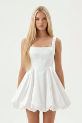 White Square Neck Taffeta A - Line Mini Graduation Dress - KissProm