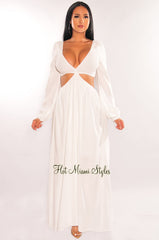 White V Neck Smocked Cut Out Long Sleeve Maxi Dress - Hot Miami Styles