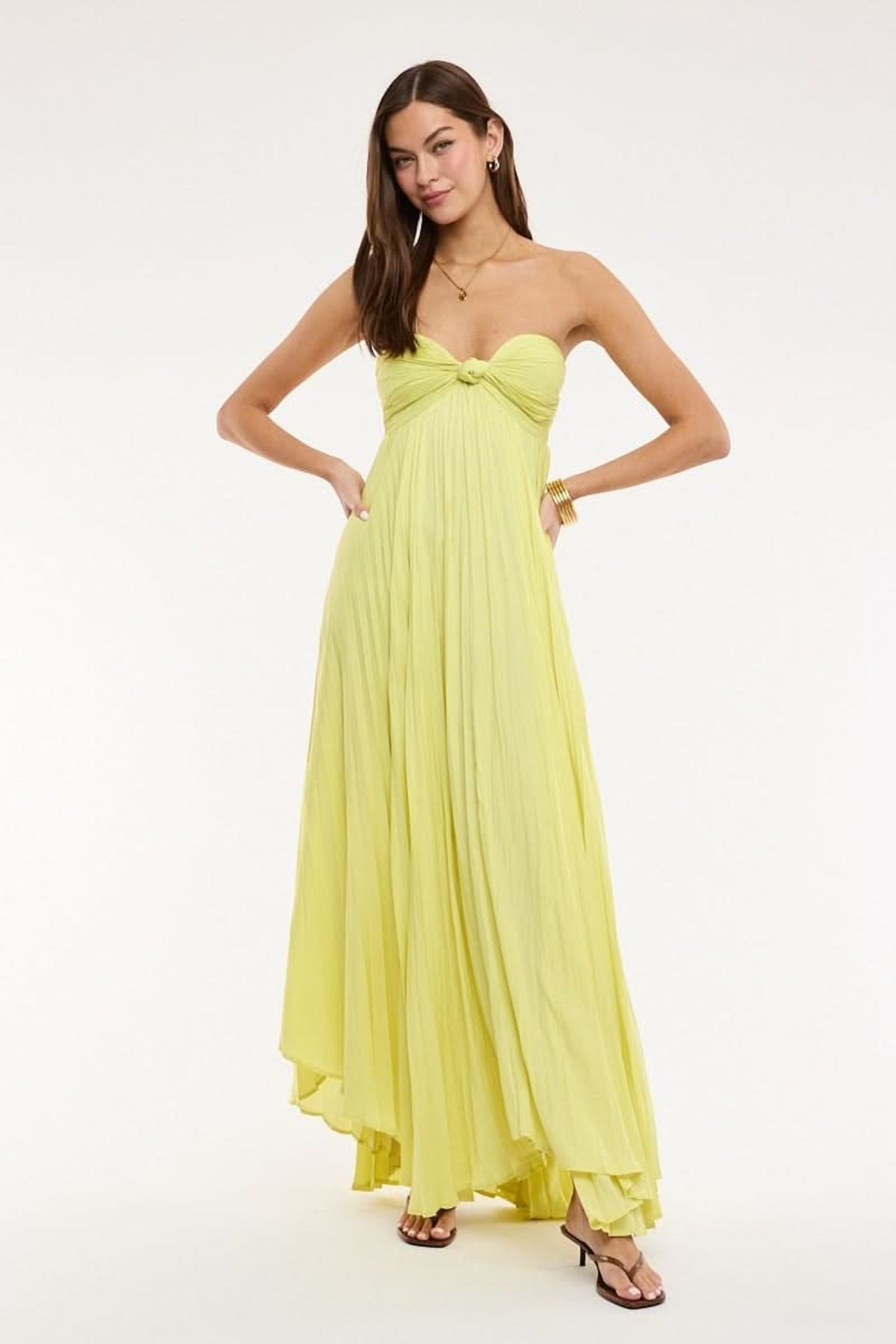 Lime strapless maxi dress with flowy pleated skirt