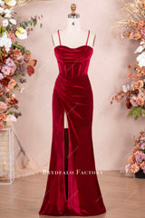 wine pleated corset high slit prom dress