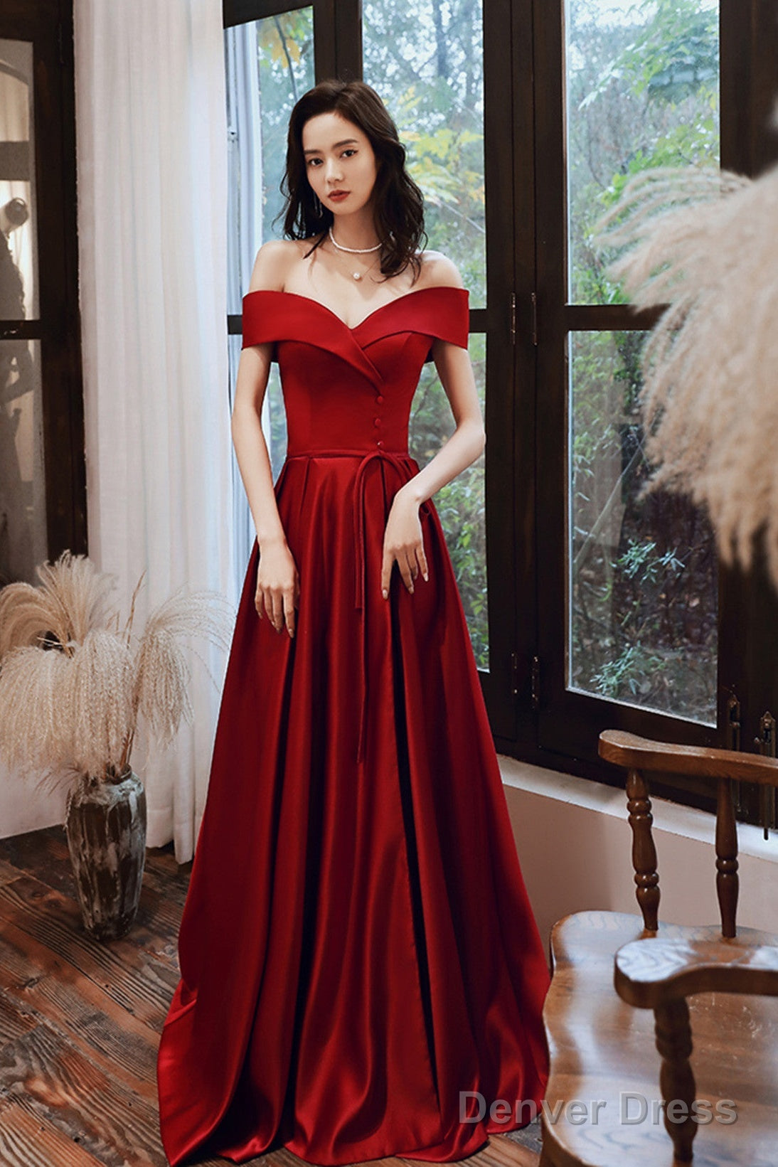 Wine Red Satin Off Shoulder Long Prom Dress With Leg Slit, Wine Red Prom Dresses