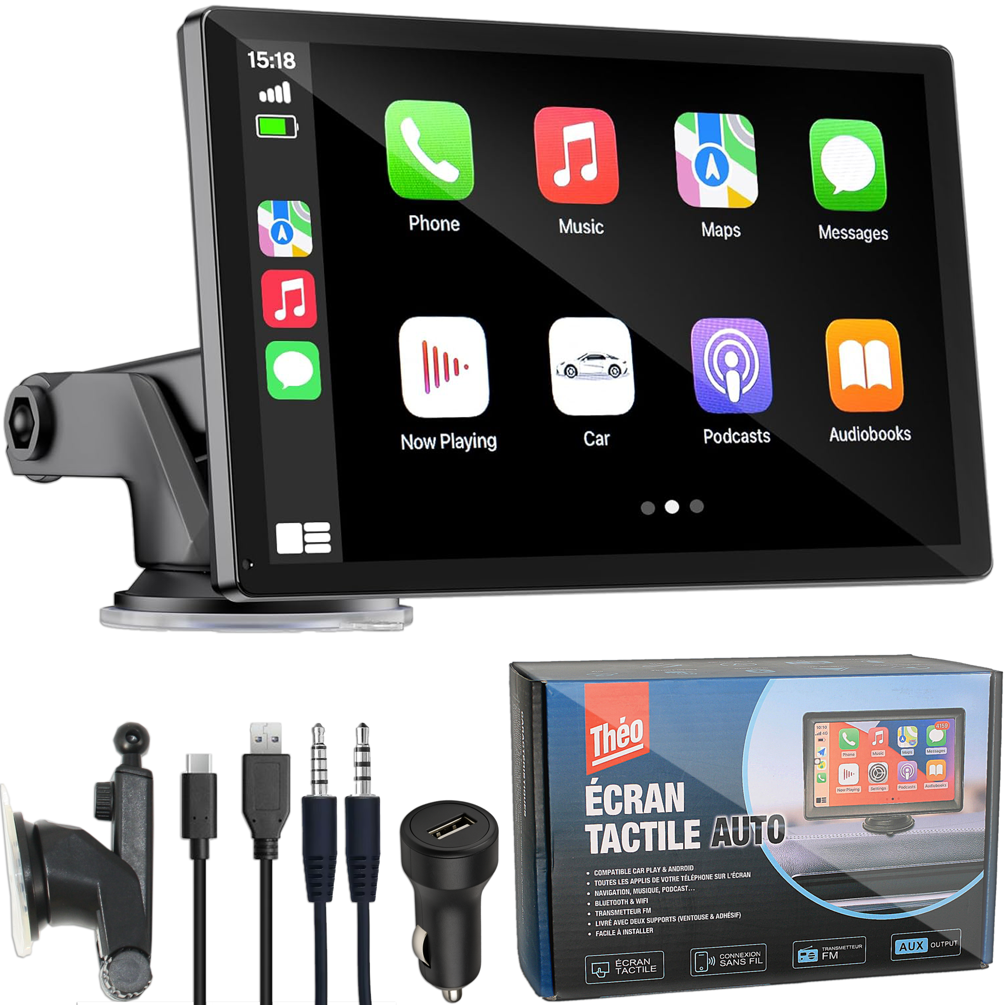 Théo - Écran Tactile Voiture 7" – CarPlay & Android Auto | Bluetooth, Wi-Fi, Siri, Mirror Link | Contient 1 Support, 1 Câble USB C, 1 Câble Aux, 1 Prise Allume Cigare