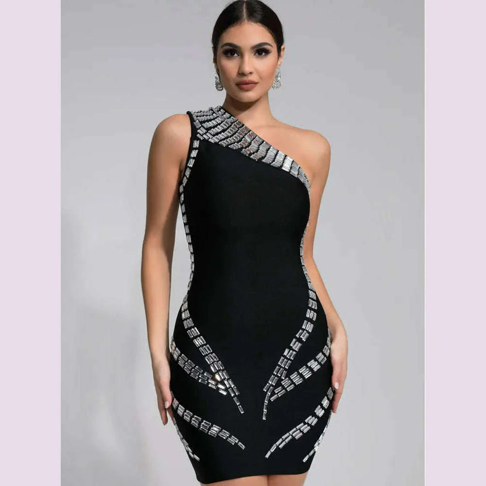 KIMLUD, Women Celebrity Sexy One Shoulder Crystal Diamonds Black Mini Bandage Dress 2024 Knitted Elegant Evening Club Party Outfit, KIMLUD Womens Clothes