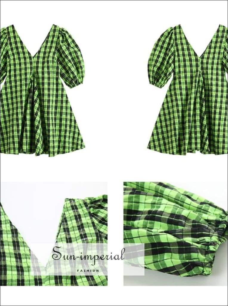 Women Green and Black Plaid Short Puff Sleeve V Neck A-line Mini Dress bohemian style, boho harajuku Preppy Style Clothes, PUNK STYLE 