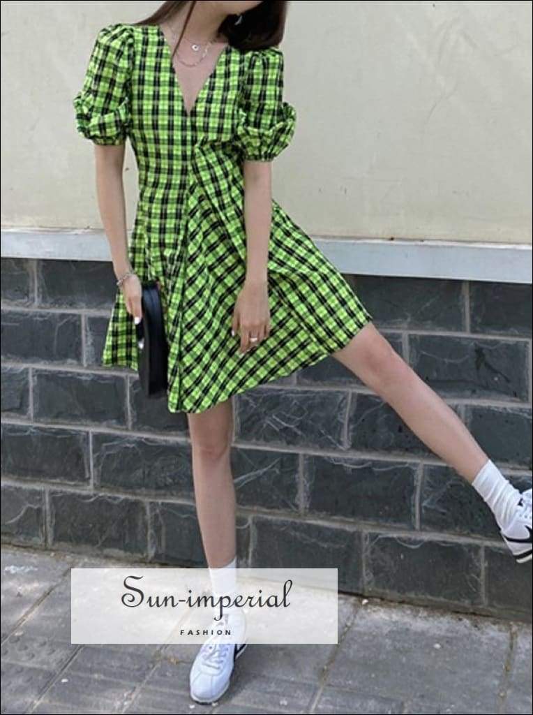Women Green and Black Plaid Short Puff Sleeve V Neck A-line Mini Dress bohemian style, boho harajuku Preppy Style Clothes, PUNK STYLE 