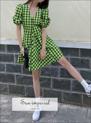 Women Green and Black Plaid Short Puff Sleeve V Neck A-line Mini Dress bohemian style, boho harajuku Preppy Style Clothes, PUNK STYLE 
