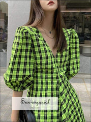 Women Green and Black Plaid Short Puff Sleeve V Neck A-line Mini Dress bohemian style, boho harajuku Preppy Style Clothes, PUNK STYLE 
