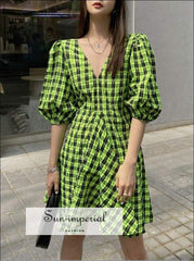 Women Green and Black Plaid Short Puff Sleeve V Neck A-line Mini Dress bohemian style, boho harajuku Preppy Style Clothes, PUNK STYLE 