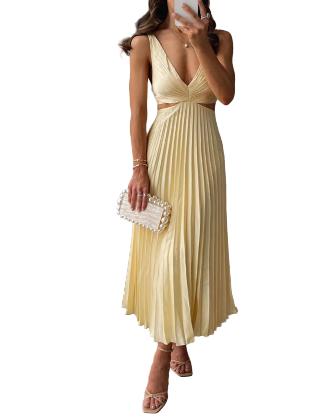 Women's Deep V-Neckline Pleated Maxi Dress with Twist Front and Side Cut-Outs