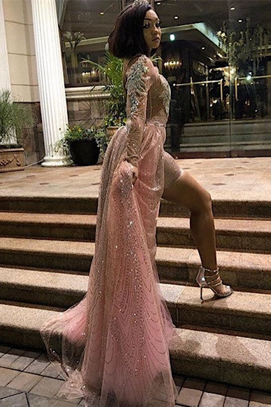 Women's High Collar Chic Long Sleeves Sequins Maxi Evening Party Dress-Ballbella
