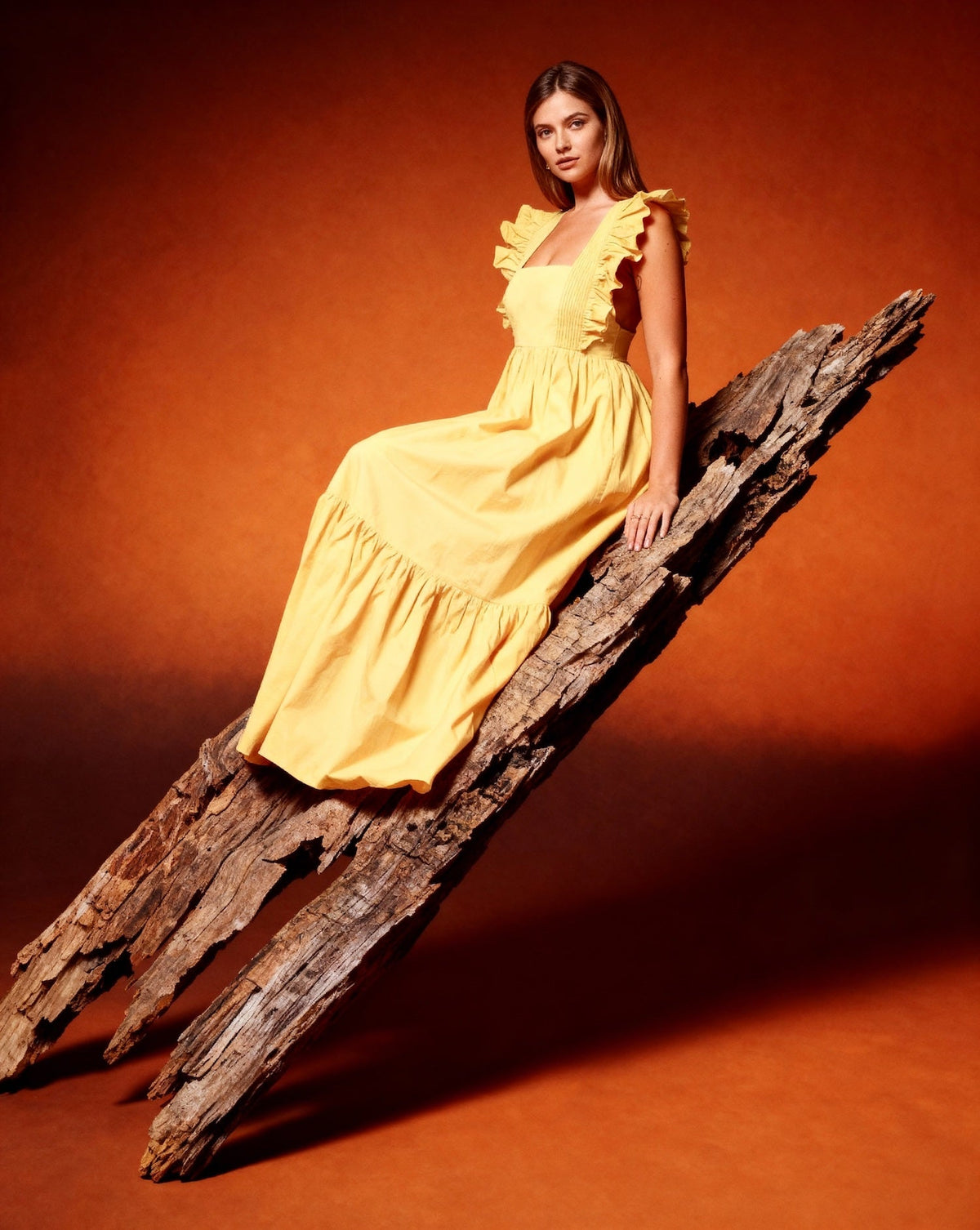 Women’s yellow cotton poplin fit & flare maxi dress with square neckline