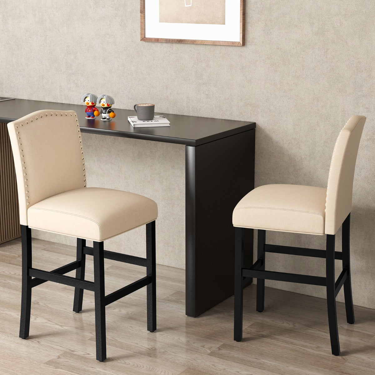 Costway Set of 2 Wooden Bar Height Chair with Rubber Wood Legs-Beige