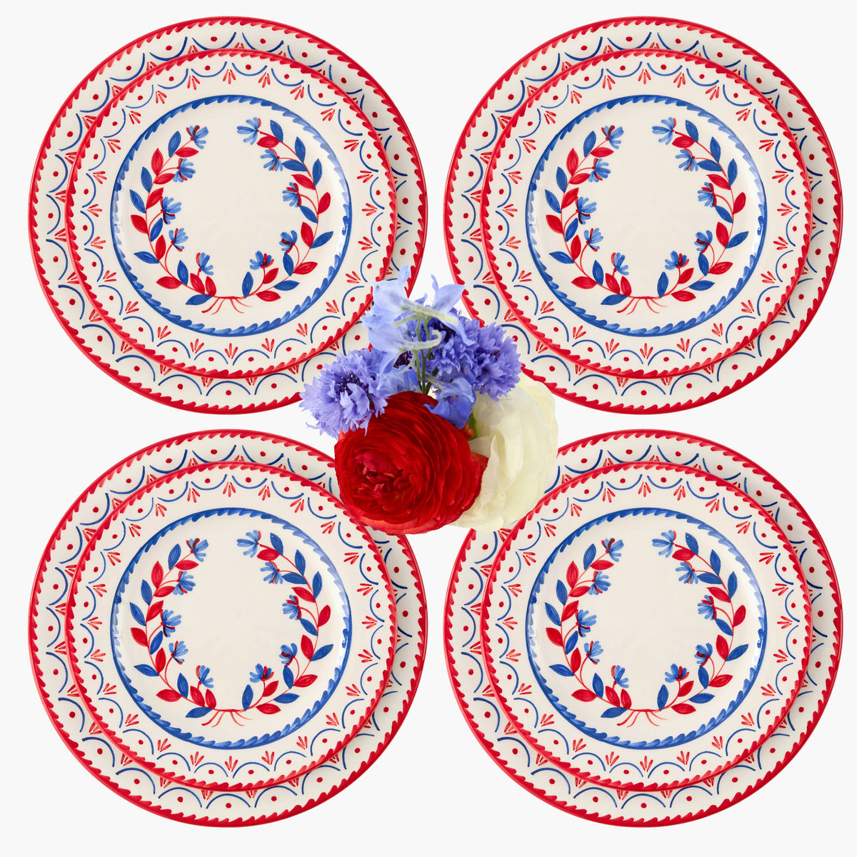 Blue & Red Josephine Dinner & Starter Plates (Set of 8)