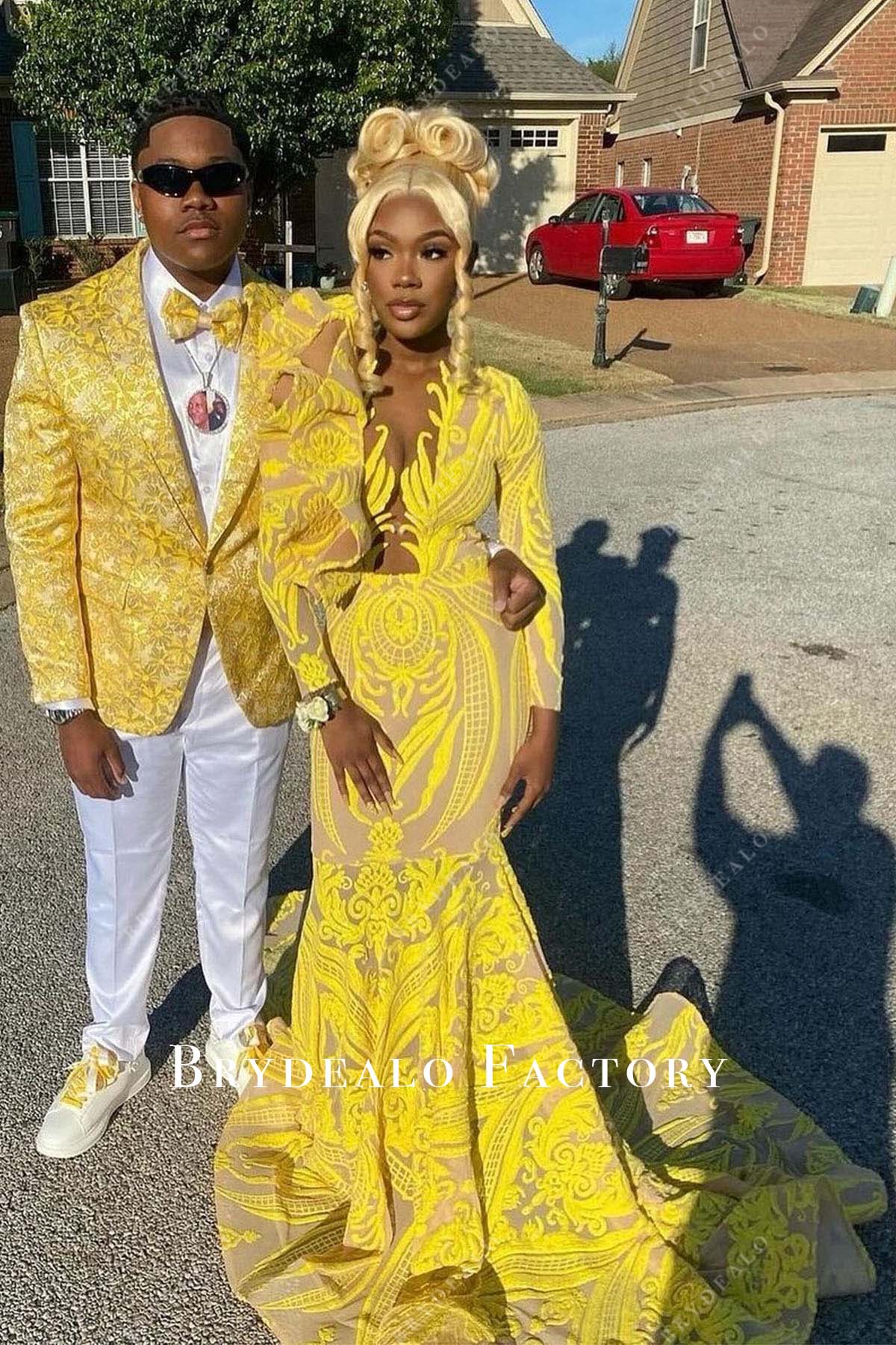 Ruffle Yellow Sequin Long Sleeve Prom Dress
