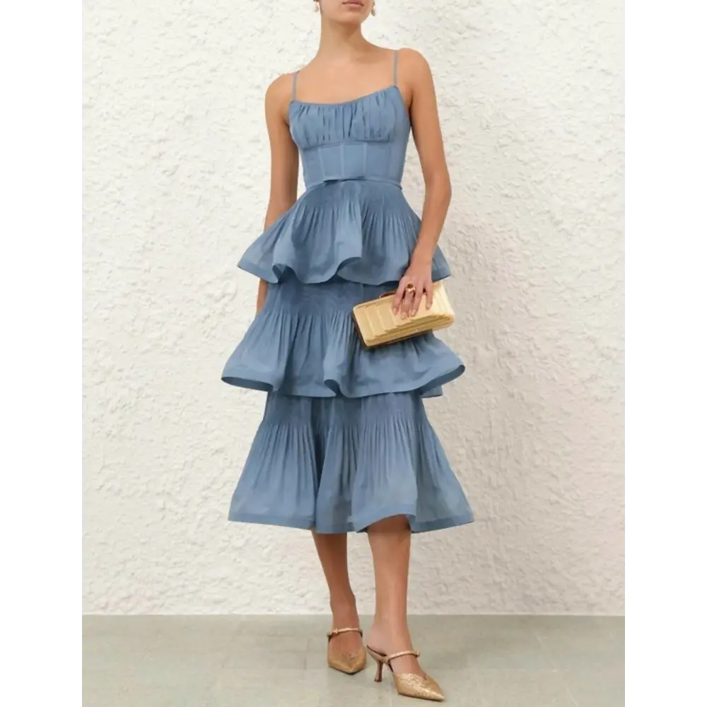 Zimmermann Pleated Tiered Midi Dress in Deep Blue - 12 / Blue - Dresses